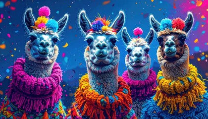 Obraz premium Four colorful llamas wear festive wool accessories and pompom hats against vibrant blue background with falling party confetti