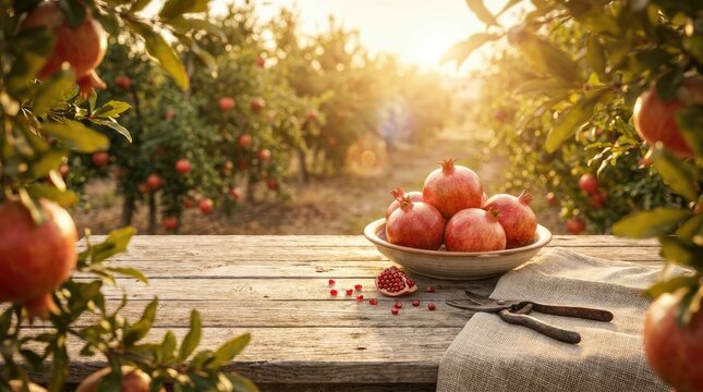 Pomegranates in a bowl on a wooden table in a pomegranate orchard at sunset