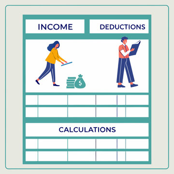 Income and deductions tax form with cartoon characters calculations