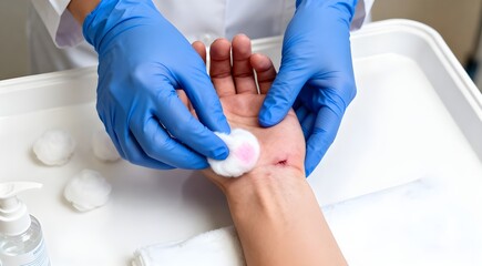 Obraz premium Applying antiseptic to wrist wound with cotton ball