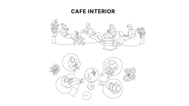 Minimal CAD lounge seating drawings with people on bean bags, coffee tables and indoor plants, top view and elevation social scene in clean architectural line style