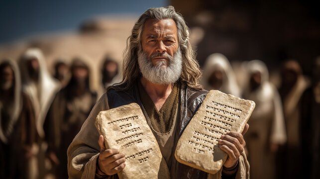 Moses holds the engraved tablets before Israel, as the silent assembly stands under bright desert light, revealing law, reverence, and covenant accountability.
