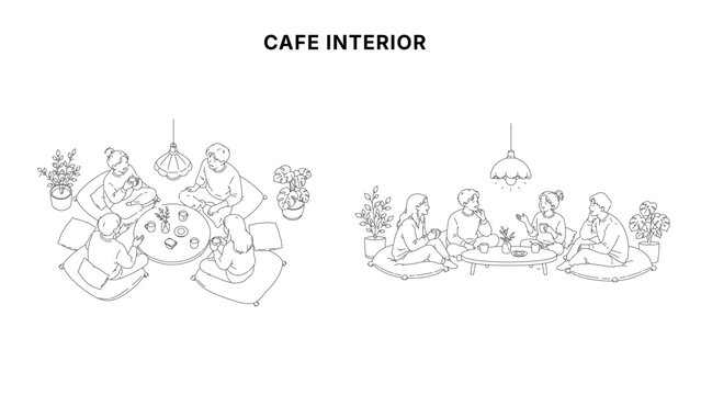 Minimal CAD living room gathering drawings with people sitting on floor cushions around table, top view and side view social scene in clean architectural line style

