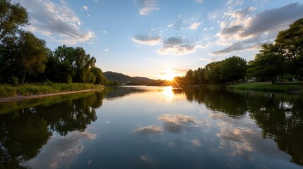 Obraz premium The serene sunset illuminates the sky and casts magnificent reflections onto the tranquil river s surface surrounded by lush green foliage