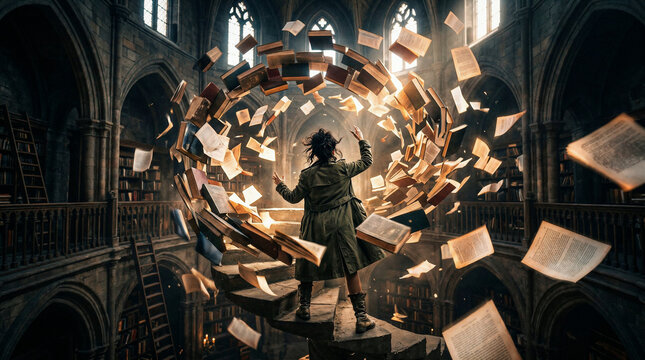 Cinematic fantasy scene of a lone figure in a coat standing inside a grand gothic library as dozens of ancient books and pages fly around in a magical vortex.
