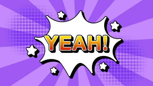 Yeah text word lettering popup comic cartoon reveal with bomb and smoke explosion manga anime book page dots with radial speed lines doodle lavender background with seamless loop animation retro clip