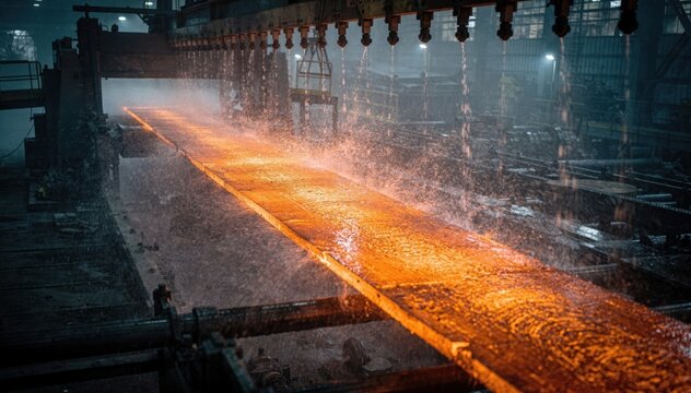 Glowing steel strip stretches across a runout table under a heavy cooling spray the focused strip highlighted against a hazy industrial backdrop shrouded in mist.