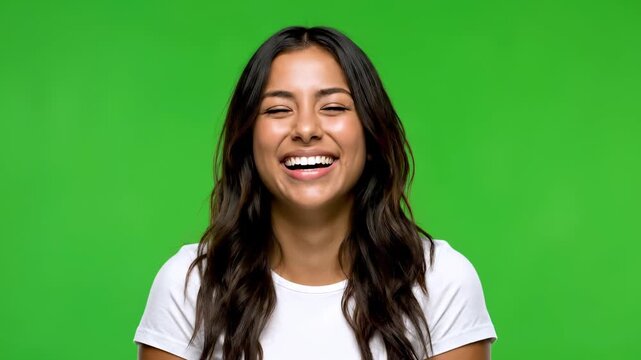 Radiant Expression of pure Joy: A portrait of a woman's genuine happiness, her eyes closed in a moment of pure bliss and laughter. The image exudes a sense of peace, contentment, and authentic joy.