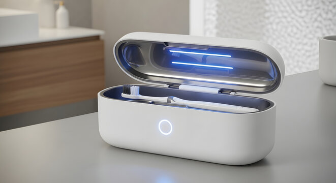 Portable UV-C light sanitizing case for dental hygiene with sleek white travel design and automatic germicidal disinfection.