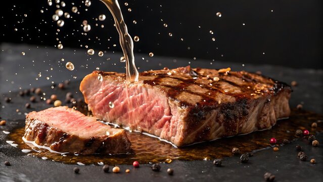 juicy grilled steak slice with sizzling meat juice splash on dark background
