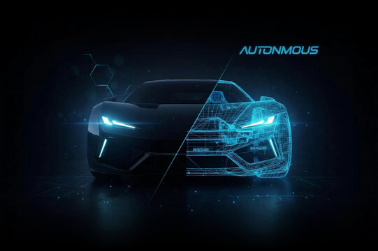 Futuristic autonomous car concept combining real design and digital wireframe technology