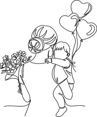 Fototapeta premium Line drawing of boy with balloons and bouquet of flowers