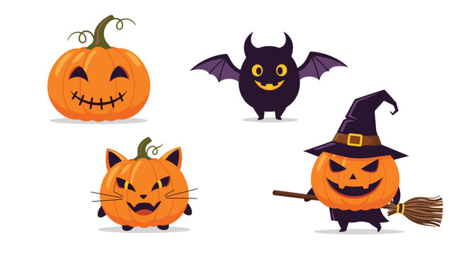 Collection of spooky but cute Halloween characters including a pumpkin face bat monster cat pumpkin and witch pumpkin.