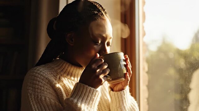 smiling african woman drinking hot coffee by window in sunlight. cozy morning routine with steaming tea mug. peaceful relaxation, winter lifestyle concept. social media, blog.