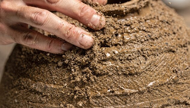 Closeup of artisan hand applying coarse refractory sand on wet ceramic shell with blurred background for detailed stuccoing texture effect.