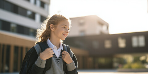 Fototapeta premium Young girl smiling while walking with backpack outside school 