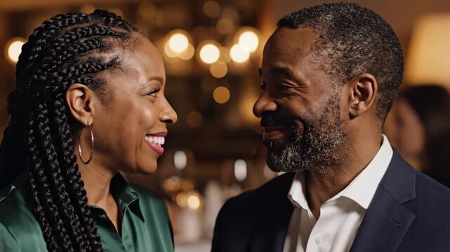 happy african american couple in elegant clothes embracing and smiling at romantic dinner. woman whispering to man. love, anniversary celebration, dating. st. valentine's day greeting card