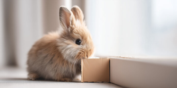 Cute rabbit sniffing a cardboard box in bright indoor setting  