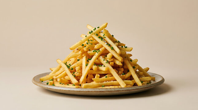 A large mound of golden french fries seasoned with herbs on a plate, ready to be enjoyed