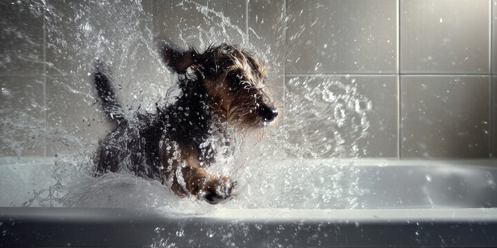 Playful dog splashing water in bathtub during bath time  