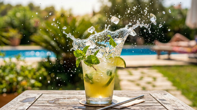 Una mano sostiene un vaso de c&oacute;ctel de frutas veraniego con un espectacular salpic&oacute;n de agua en un ambiente de playa al aire libre. La bebida naranja contiene lima, bayas y menta sobre una mesa r&uacute;stic