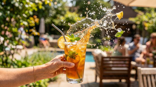 Una mano sostiene un vaso de c&oacute;ctel de frutas veraniego con un espectacular salpic&oacute;n de agua en un ambiente de playa al aire libre. La bebida naranja contiene lima, bayas y menta sobre una mesa r&uacute;stic