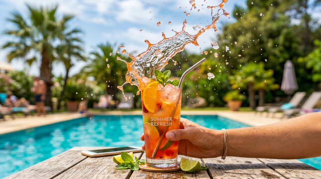 Una mano sostiene un vaso de c&oacute;ctel de frutas veraniego con un espectacular salpic&oacute;n de agua en un ambiente de playa al aire libre. La bebida naranja contiene lima, bayas y menta sobre una mesa r&uacute;stic