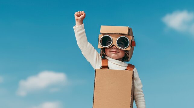 A child wearing a cardboard robot costume and goggles raises a fist triumphantly against a blue sky with clouds.