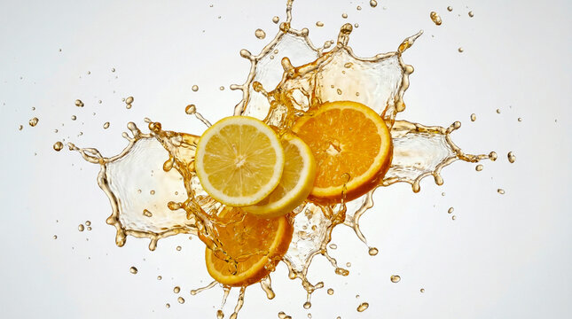 Splash din&aacute;mico de bebida salpicando fruta fresca (lim&oacute;n, naranja), fondo limpio, iluminaci&oacute;n brillante, ultra alta velocidad.