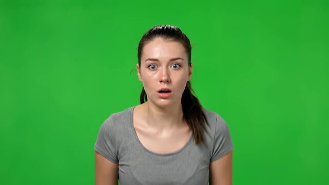 Startled Expression: Portrait of a woman with wide eyes, her face reflecting shock and surprise against a vibrant green backdrop. Capturing the raw emotion of being startled.