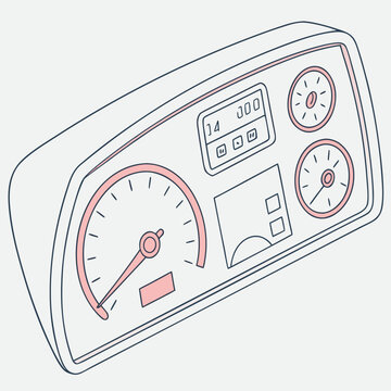Car speedometer with red accents and digital display dashboard