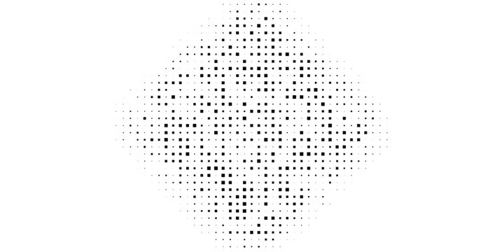 Abstract pixelated explosion effect with scattered black and gray squares on a white background