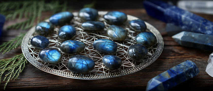 Decorative silver plate with blue gemstones and crystals on wood  