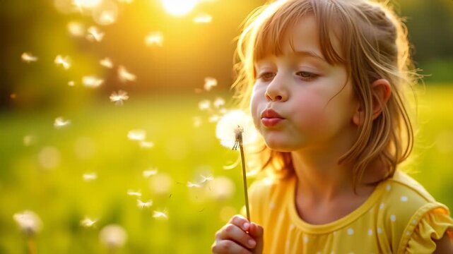 Young girl blowing dandelion seeds in sunny meadow, floating seed detail, golden hour backlight glow, spring freedom concept