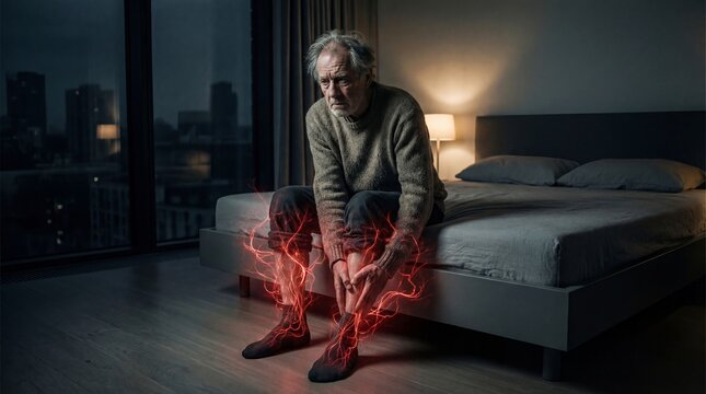 Senior man touching leg with glowing red pain visualization. Elderly male suffering from severe nerve damage or circulation problem. Concept of chronic illness and body inflammation.