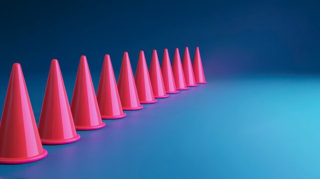 A row of red traffic cones neatly lined up on a smooth, reflective blue surface against a gradient blue background.