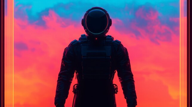 A silhouette of an astronaut stands against a vibrant sunset sky with pink and blue clouds, creating a futuristic and surreal atmosphere.