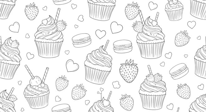Detailed hand drawn pattern featuring cupcakes, strawberries, macarons, and hearts for sweet tooth lovers and bakery themes.