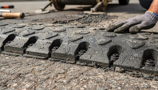 Closeup of a speed bump being installed with rubber material machine and tools slightly out of focus in the background.