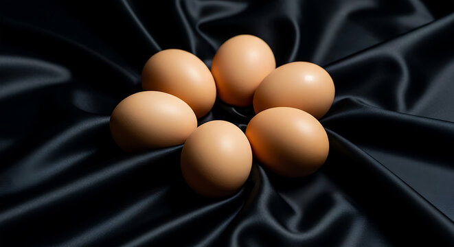 Six brown eggs on black satin fabric