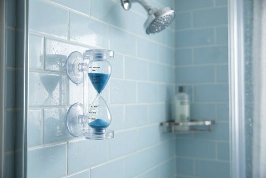 Hourglass shower timer attached to bathroom tile for water conservation
