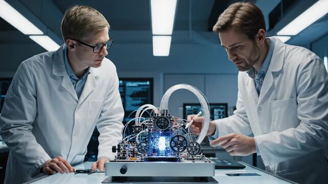 caucasian engineers in lab coats measuring complex mechanical device with digital caliper. precision engineering and technology research concept. modern laboratory teamwork. educational material.