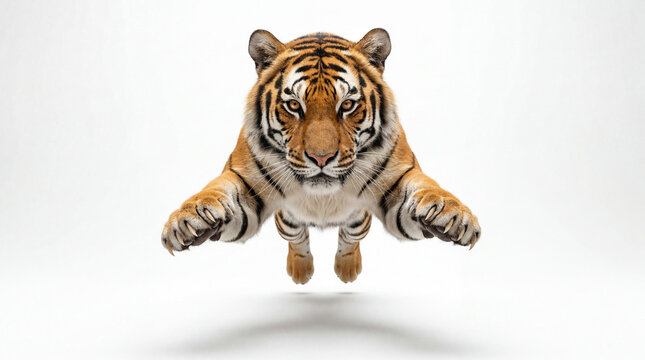 Powerful wild tiger jumping with open paws isolated on white background