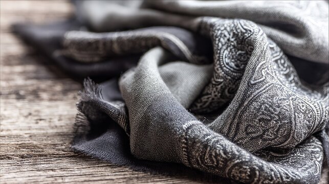 Hand-embroidered Kashmiri Pashmina shawl on old wood floor, intricate pattern and natural fiber texture in soft light