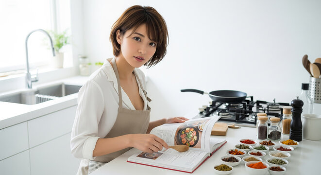 明るいキッチンでレシピ本を見ながら料理の準備をする女性