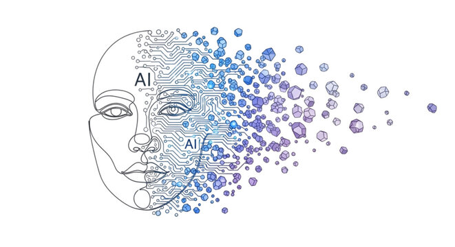 Digital Identity Continuous Line Art Human Face AI Circuits Particles Transformation Minimal Vector Illustration