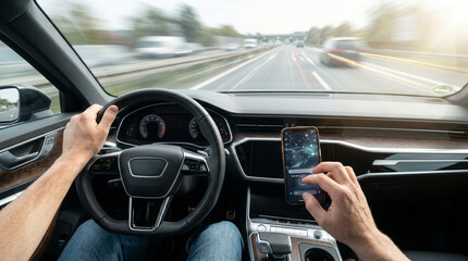 Naklejka premium POV of faceless driver holding smartphone while driving fast on blurred highway