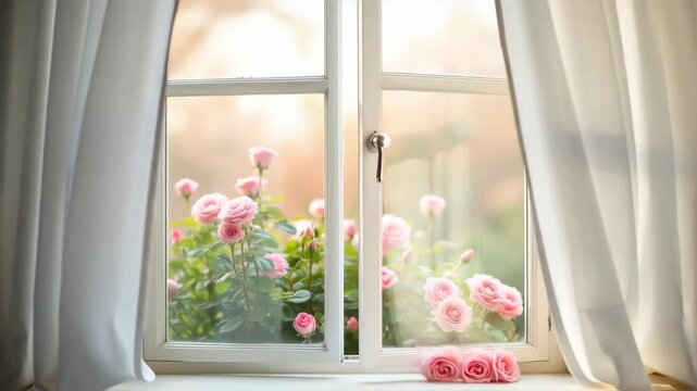 Spring mockup with open window view blooming rose garden and white curtain blowing in breeze on sill, romantic lifestyle
