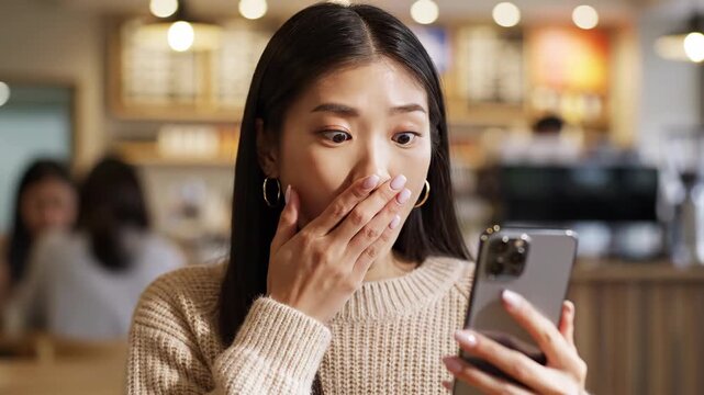 shocked east asian woman looking at smartphone in cafe. surprised young female reading unexpected news or amazing message on her mobile phone. astonished facial expression, reaction.