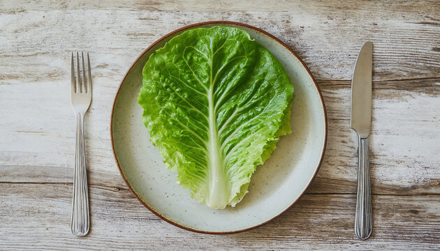 Minimal conceptual flat lay of a single green lettuce leaf on an empty plate with fork and knife on a weathered wooden table symbolizing strict dieting.